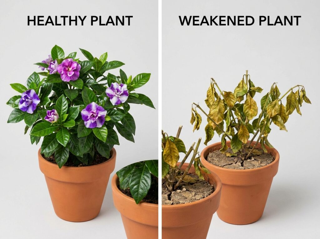 Comparação entre planta saudável e planta debilitada com flores