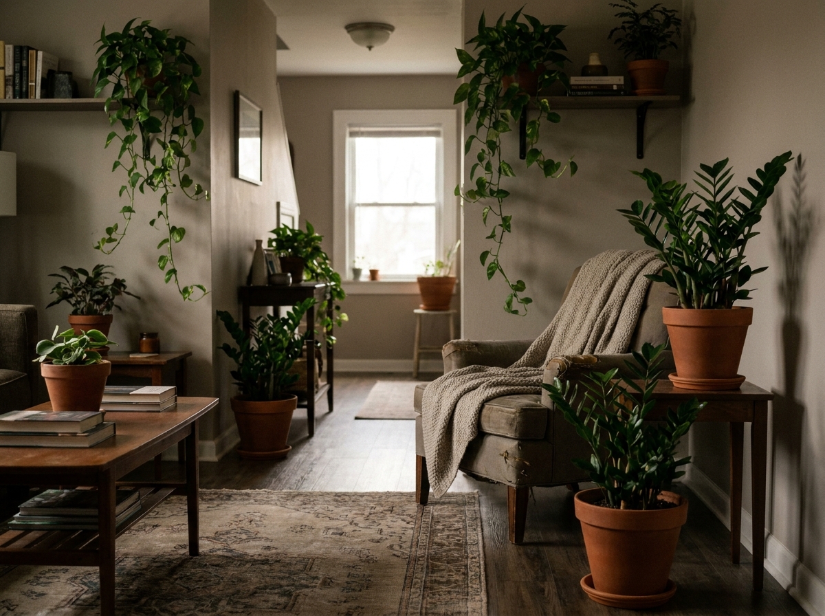 plantas em ambiente interno com pouca luz natural e iluminação indireta