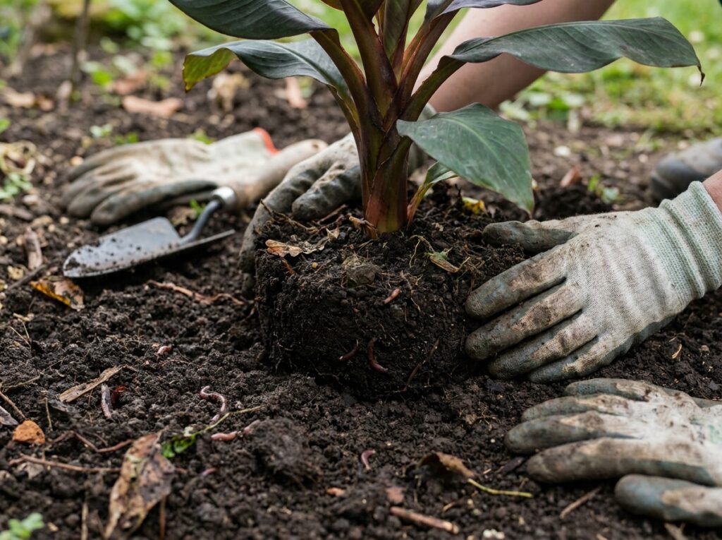 Plantio de bananeira ornamental em solo rico e úmido com matéria orgânica