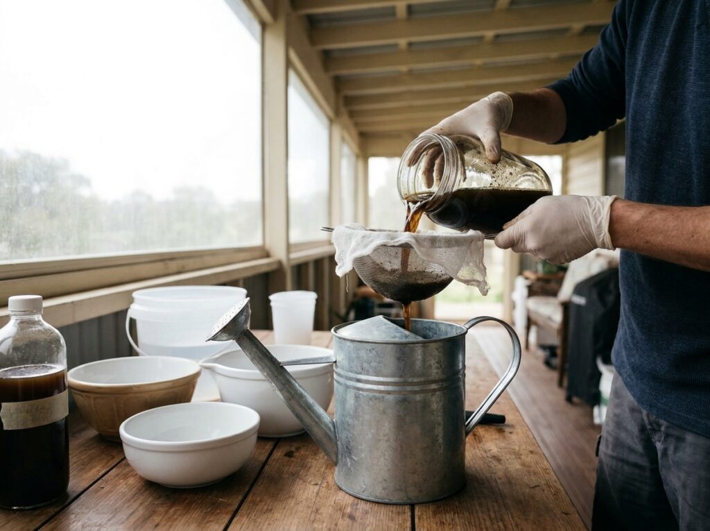 fertilizante líquido caseiro sendo coado e colocado em regador para uso em plantas