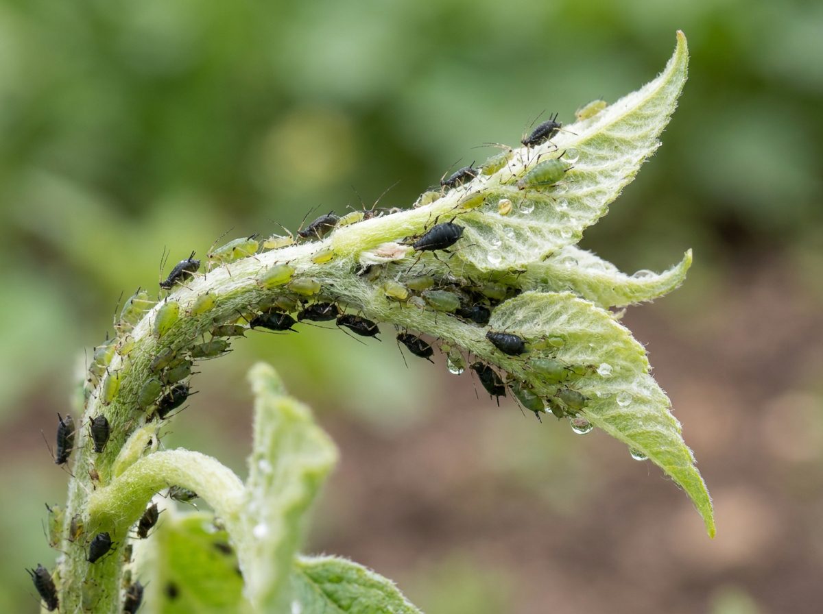 pulgões agrupados em brotos de planta mostrando infestação inicial e sinais típicos de como eliminar pulgões das plantas