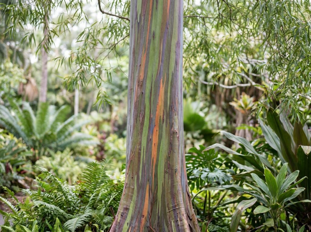 Eucalipto arco-íris com tronco colorido entre os tipos de eucalipto ornamentais