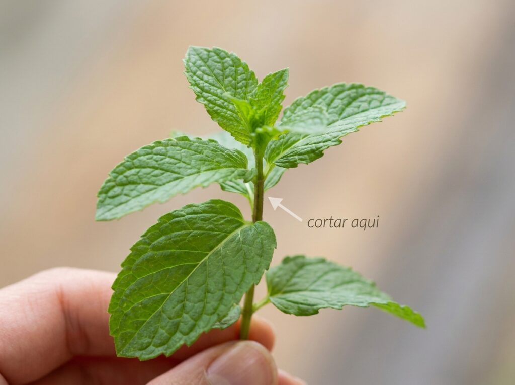 ramo de hortelã mostrando onde cortar acima do nó para estimular crescimento