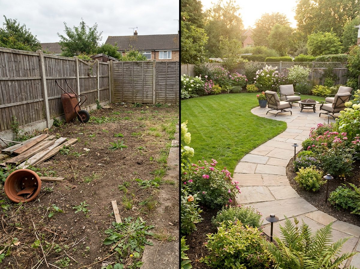 Comparação de jardim antes e depois de paisagismo residencial com melhorias visuais