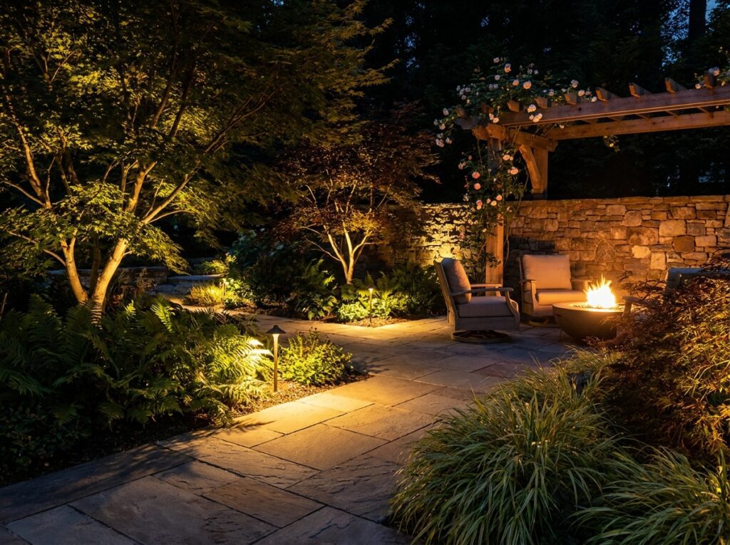 Jardim com paisagismo residencial iluminado à noite com luzes decorativas