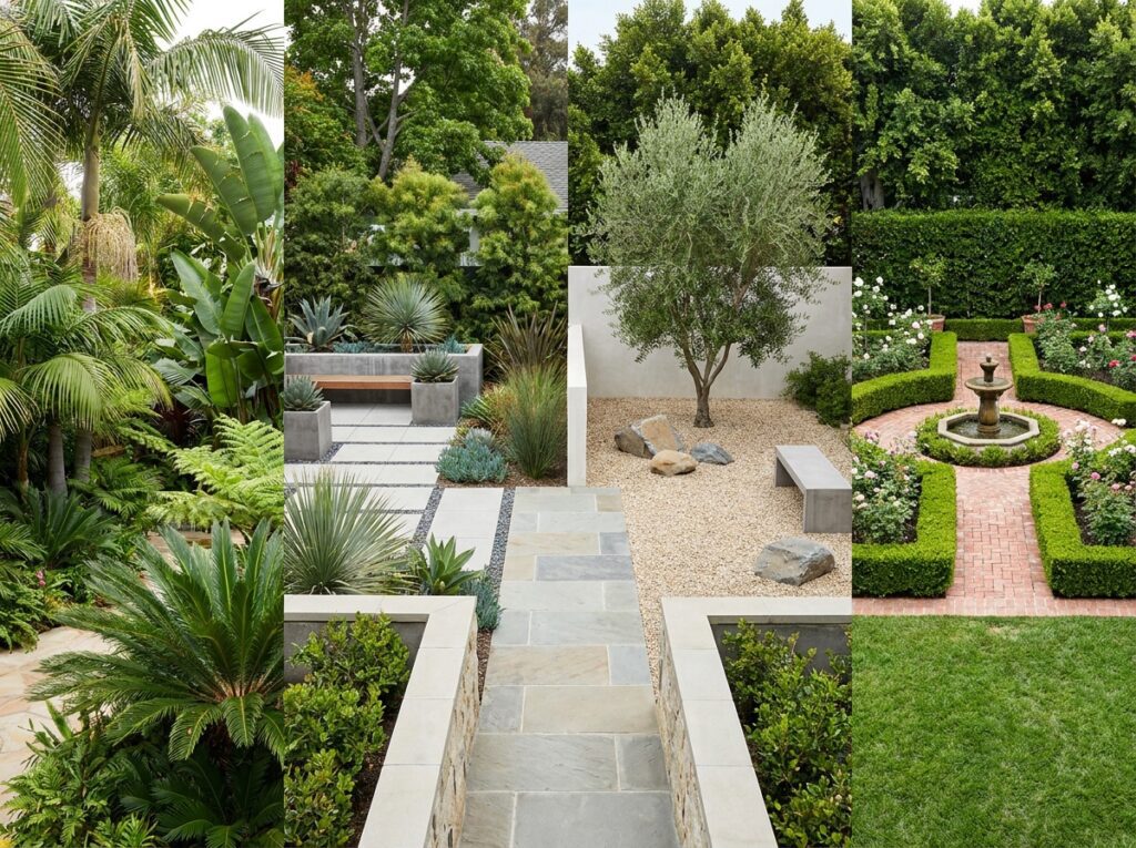 Diferentes estilos de paisagismo residencial com variações de plantas e organização