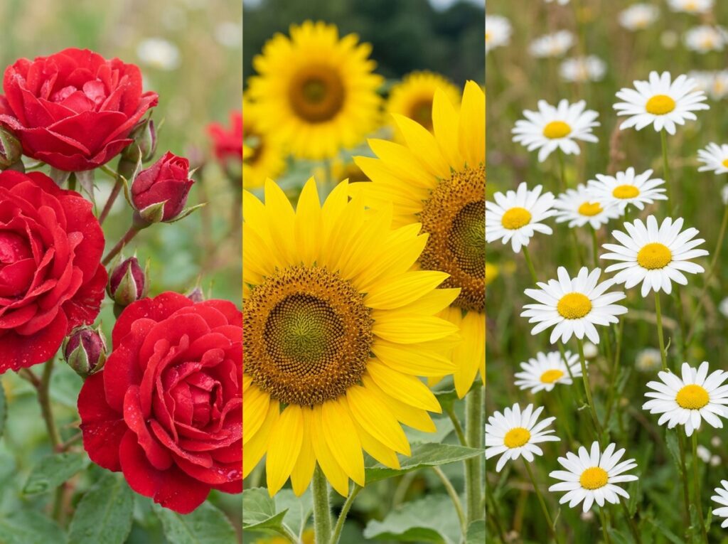 Rosas, girassóis e margaridas representando tipos de flores populares