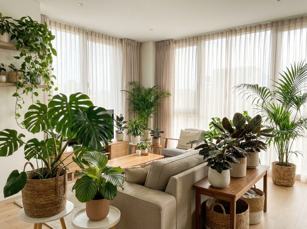 diferentes plantas tropicais em ambiente interno bem iluminado mostrando como cuidar de plantas tropicais