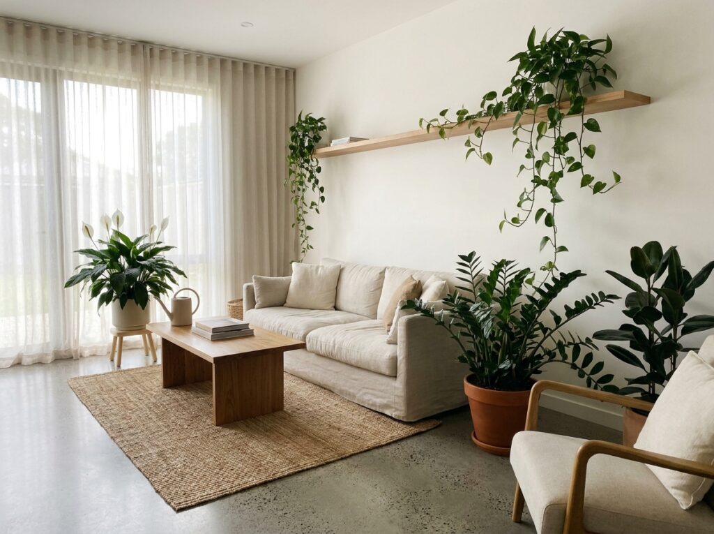 Tipos de plantas para interior como jiboia e zamioculca em sala de estar iluminada indiretamente