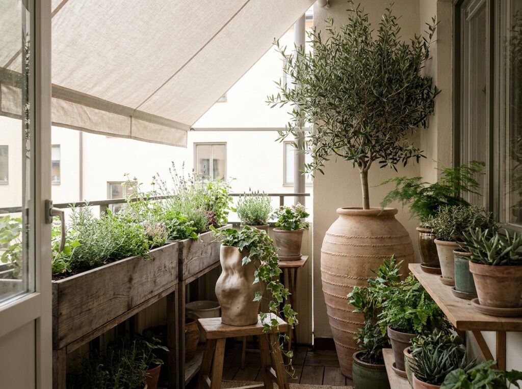 varanda pequena com vasos de tamanhos diferentes e plantas ornamentais para jardim pequeno
