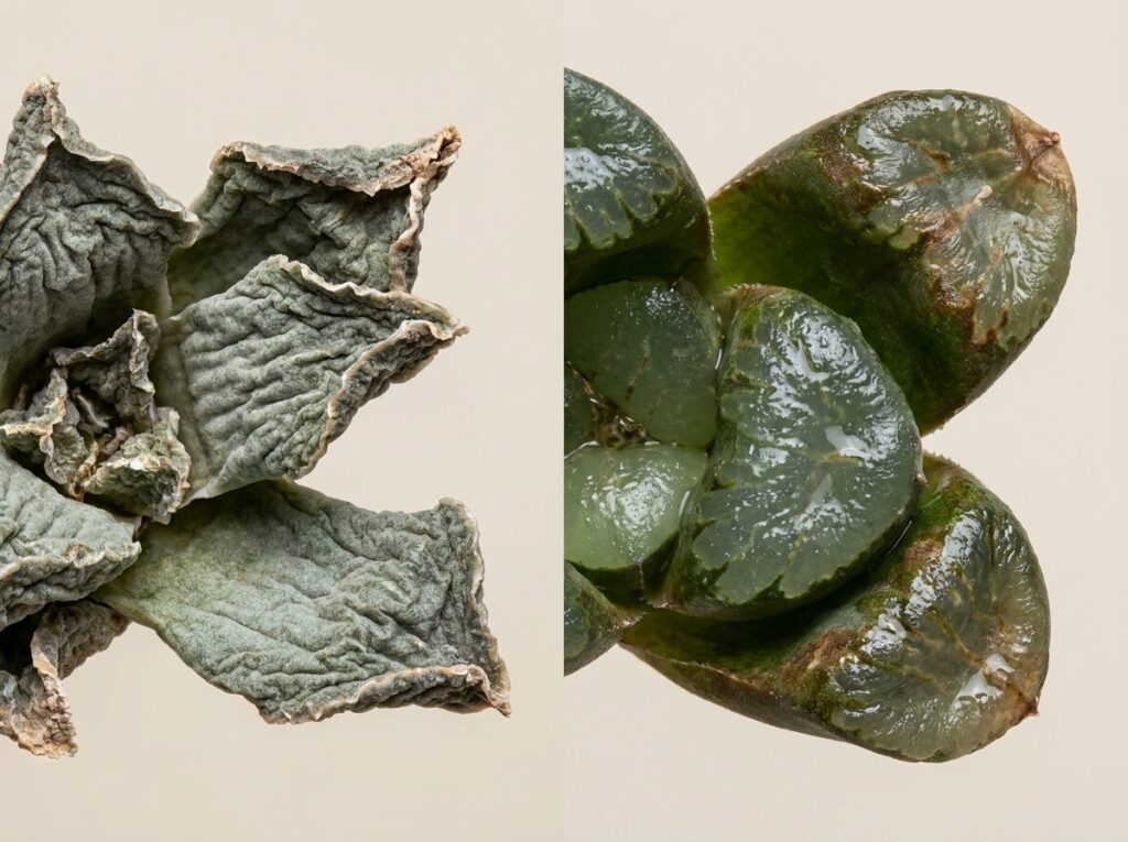 Folhas de suculentas enrugadas e apodrecidas mostrando falta e excesso de água
