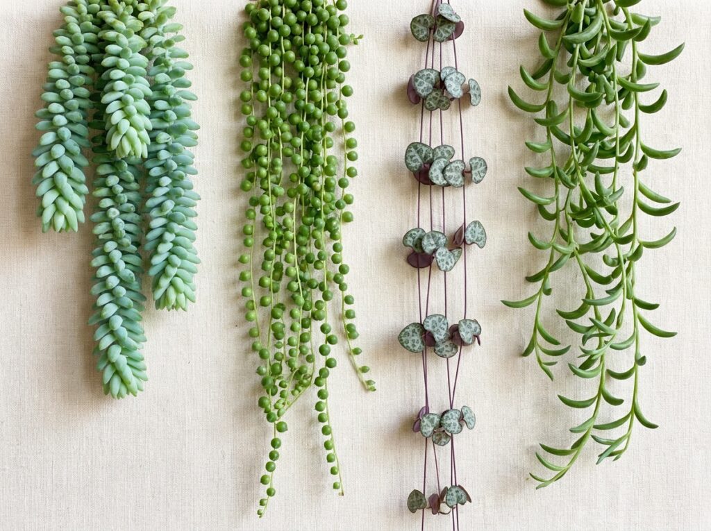 Variedades de suculentas pendentes com folhas diferentes em composição comparativa