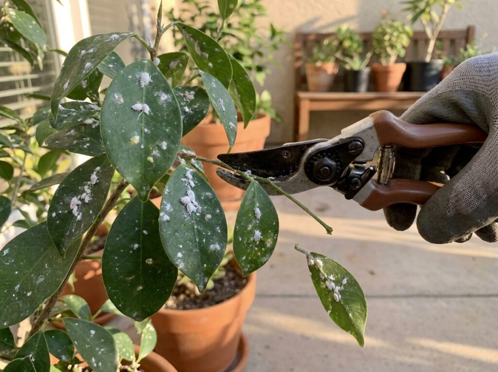 Poda de partes infestadas por cochonilhas em plantas