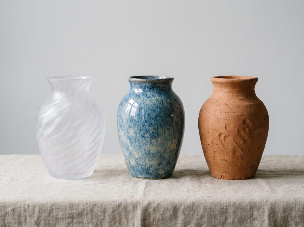 Vasos de plástico, cerâmica e barro lado a lado mostrando opções ao escolher o vaso ideal para plantas