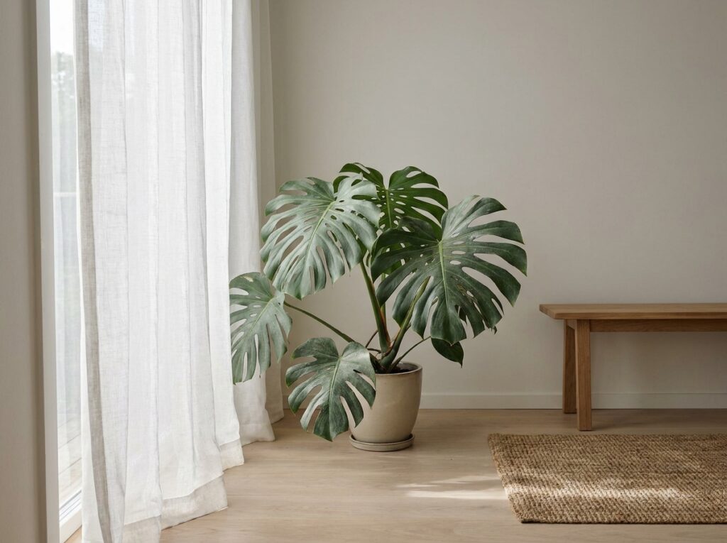 planta tropical perto de janela com cortina mostrando luz indireta ideal para cuidar de plantas tropicais