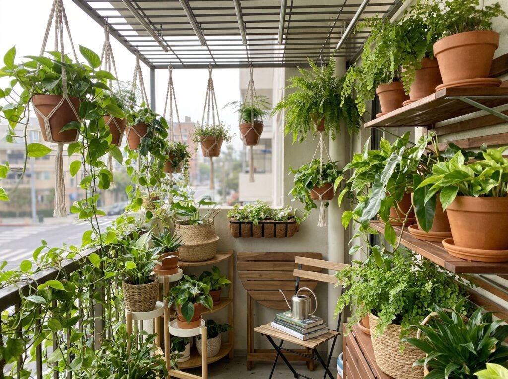 plantas pendentes em prateleiras e suportes em varanda pequena