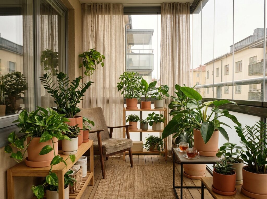 plantas de sombra em varanda fechada com luz indireta