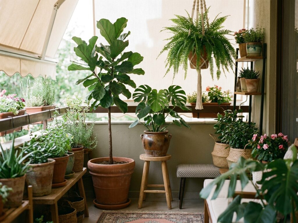 plantas organizadas em diferentes alturas em varanda residencial