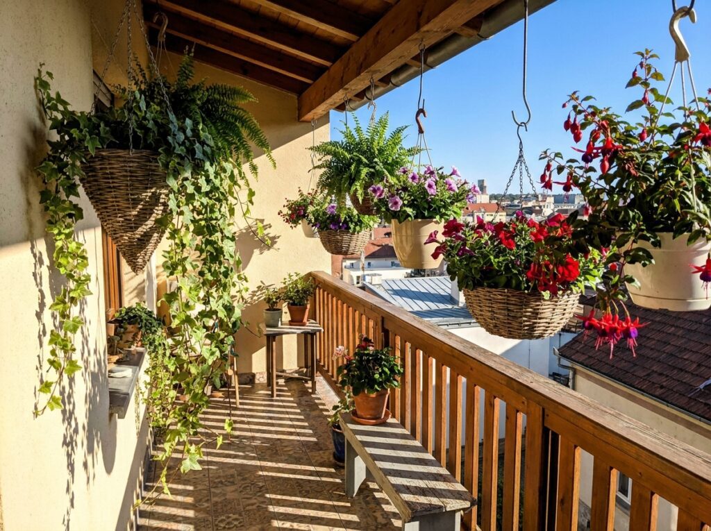 Vasos com plantas pendentes de sol em varanda recebendo luz direta