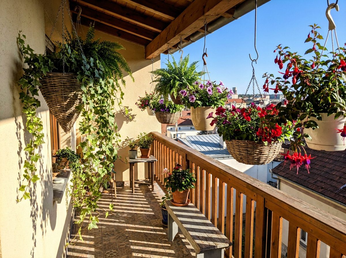 Vasos com plantas pendentes de sol em varanda recebendo luz direta