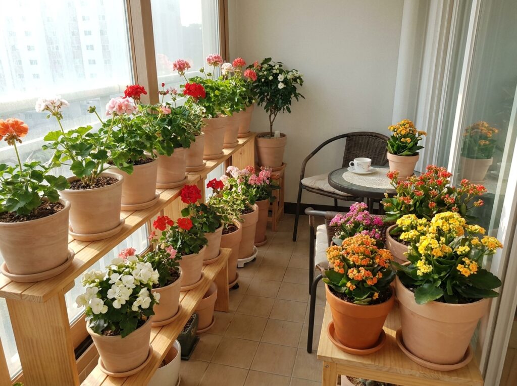 vasos floridos em varanda com gerânio begônia e kalanchoe entre plantas que florescem o ano todo