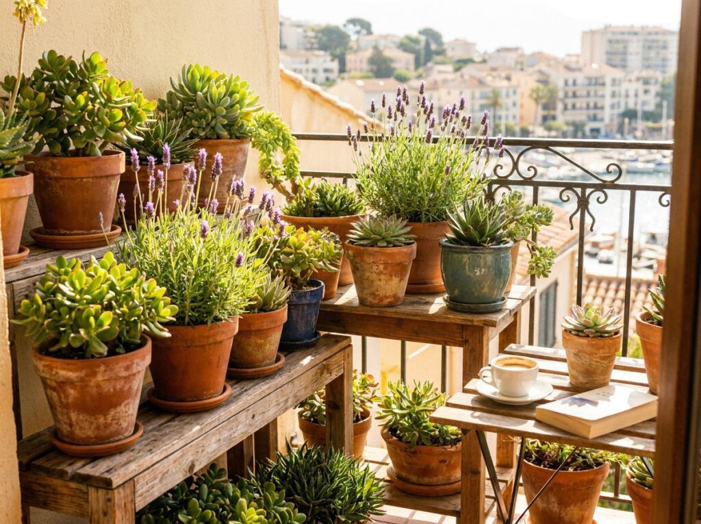 suculentas e lavanda em varanda ensolarada com luz solar direta