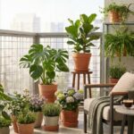 varanda com plantas em vasos e suportes bem organizados em ambiente residencial
