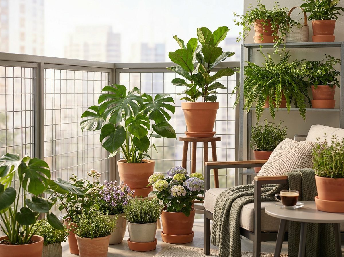 varanda com plantas em vasos e suportes bem organizados em ambiente residencial