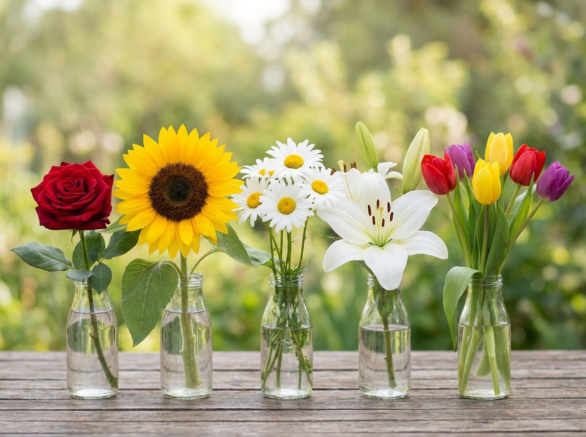 Flores populares como rosa, girassol e margarida lado a lado para identificar tipos de flores nomes