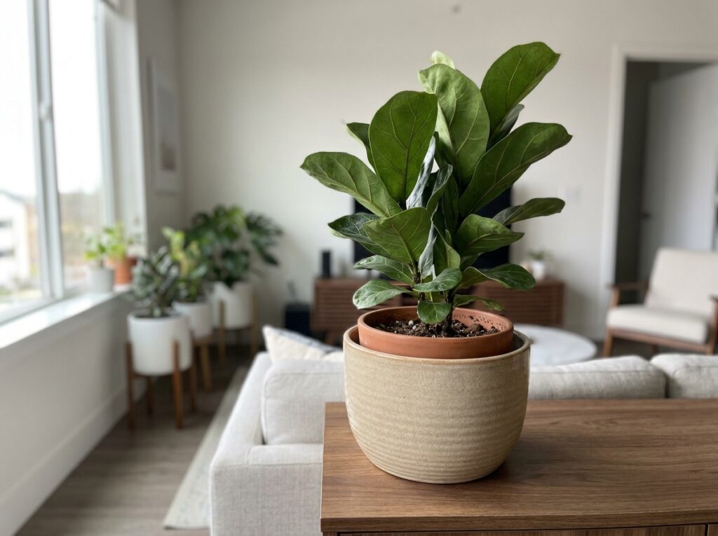 Vaso com furo dentro de cachepô decorativo mostrando forma correta de usar ao escolher vaso para plantas