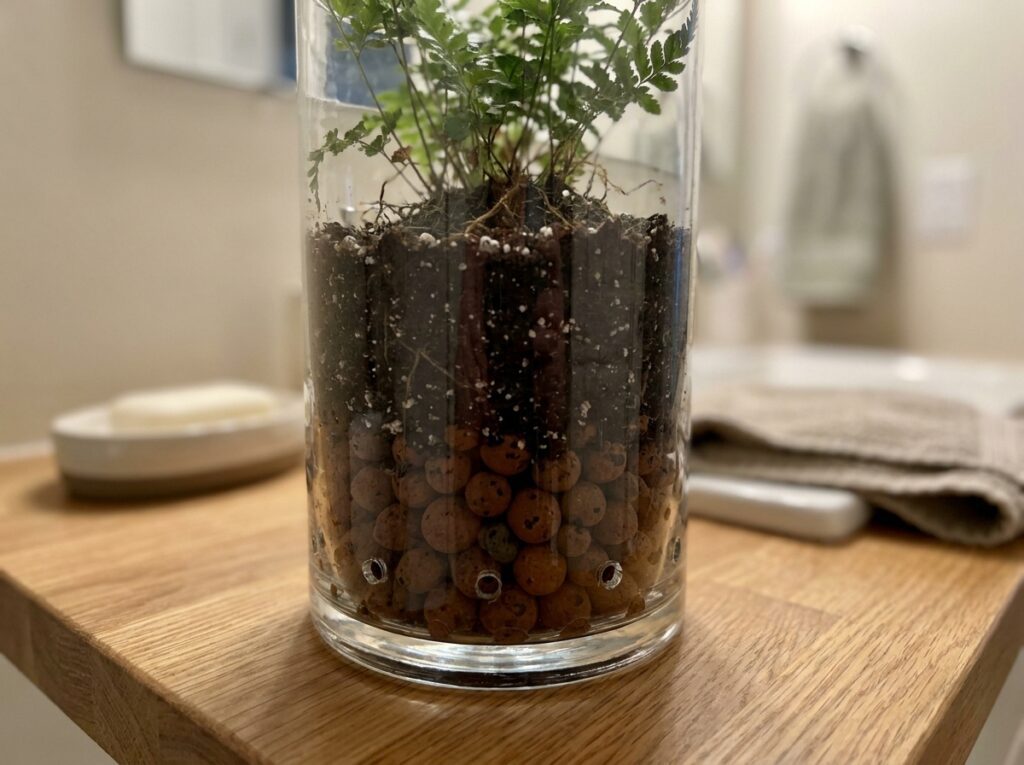 vaso com furos e drenagem adequada para plantas no banheiro