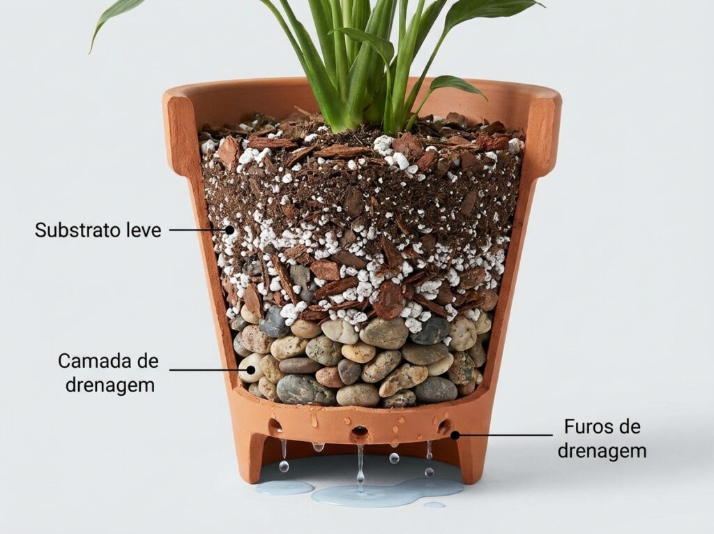 vaso com drenagem correta mostrando camadas e furos para evitar folhas amarelas na planta