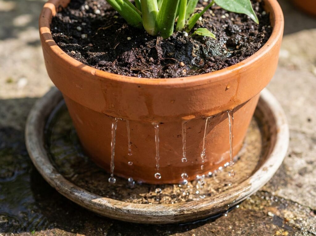 Água drenando pelos furos do vaso mostrando importância da drenagem ao escolher vaso para plantas