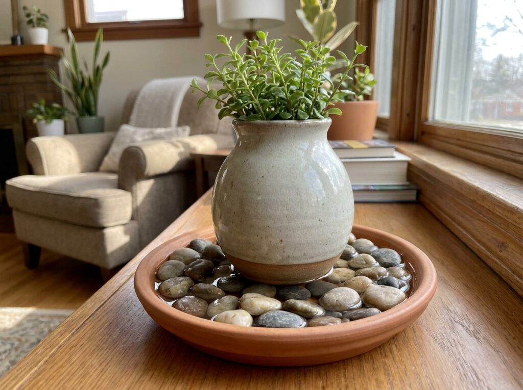 Prato com pedrinhas sob vaso evitando acúmulo de água ao escolher o vaso ideal para plantas