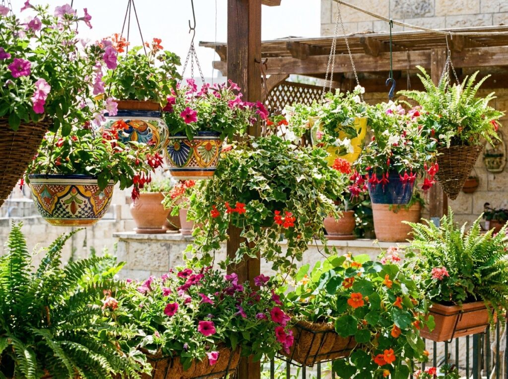 Diversos vasos com plantas pendentes de sol formando composição colorida em ambiente externo