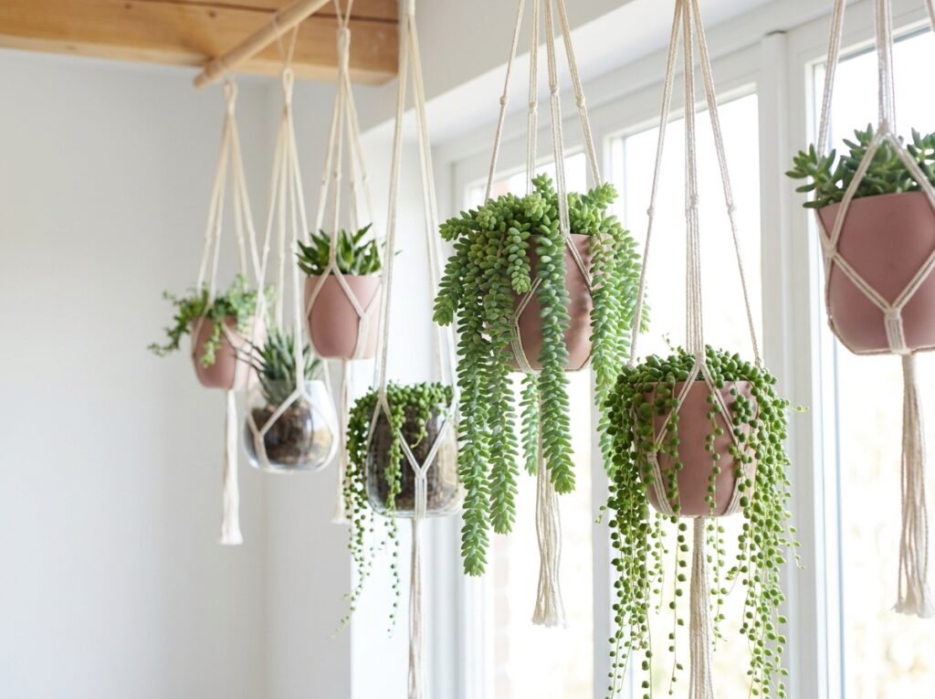 Vasos com suculentas pendentes caindo em cascata em ambiente iluminado