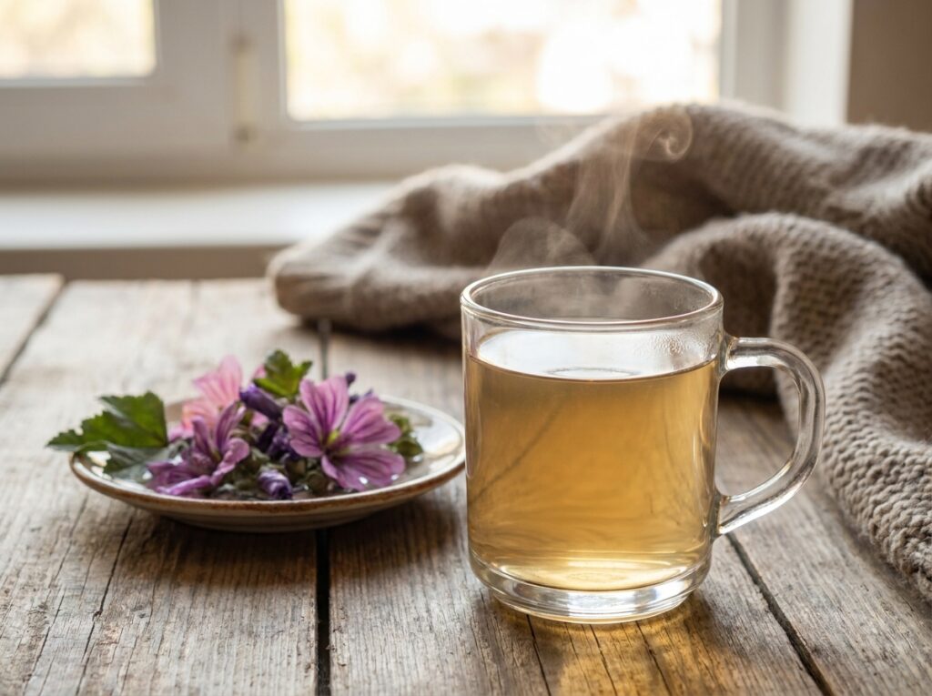 Xícara de chá de malva com flores ao lado mostrando uso da planta malva