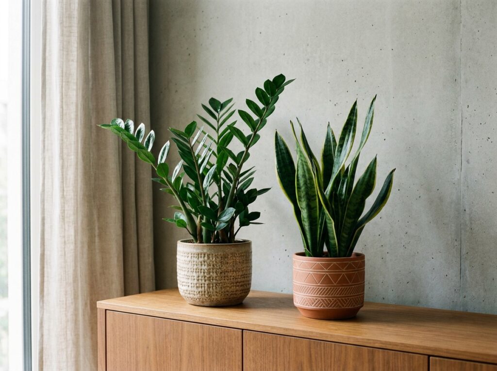 zamioculca e espada de são jorge em ambiente interno com pouca luz